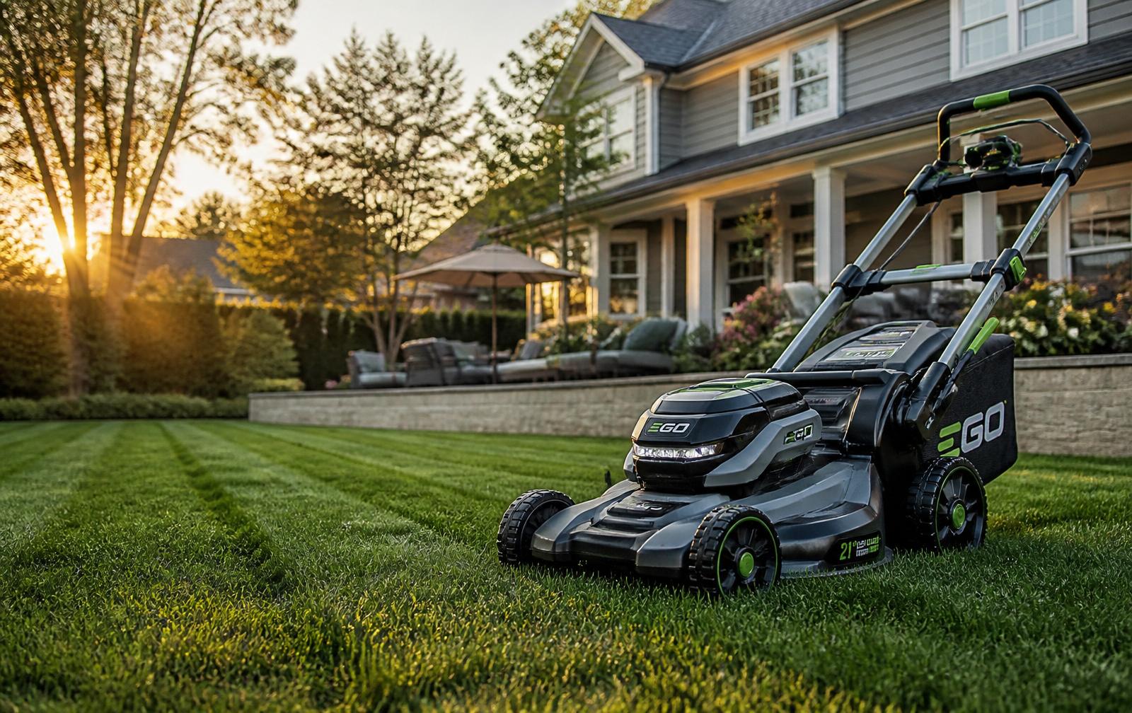 Modern electric lawn mower on a manicured American lawn